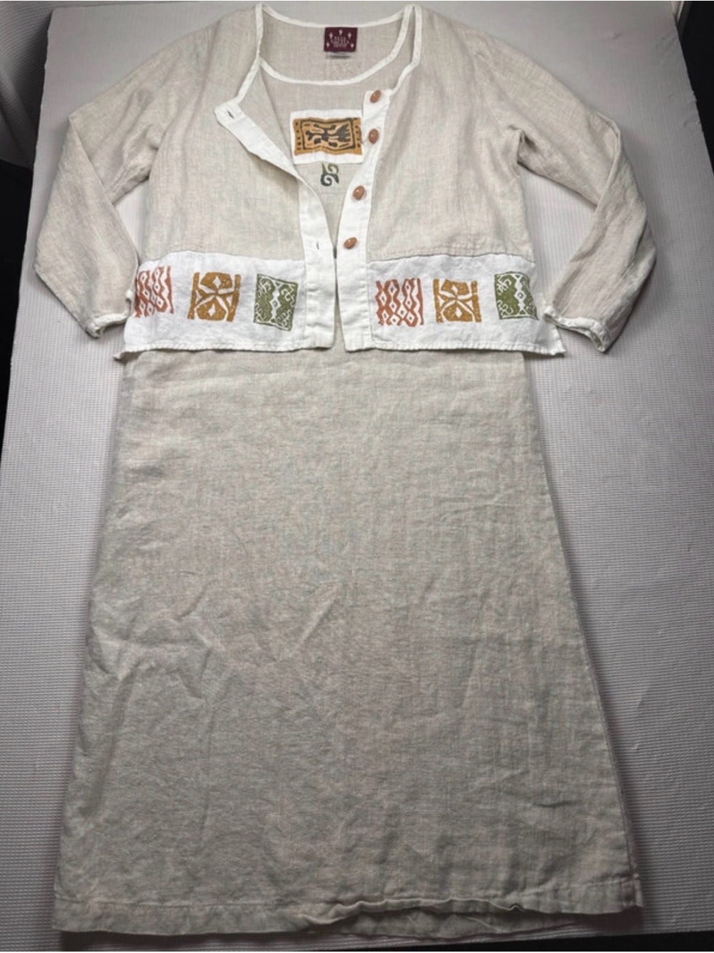 Cactus Cream Linen Maxi Dress with Embroidered Jacket - Tan & Green Accents